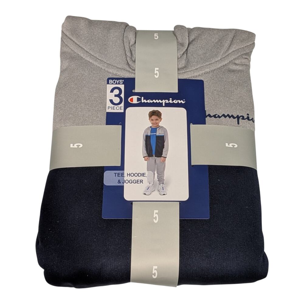 Champion Sweatsuit Boys 5 Gray Navy Blue 3 Piece Joggers Zip Up Hoodie Tshirt